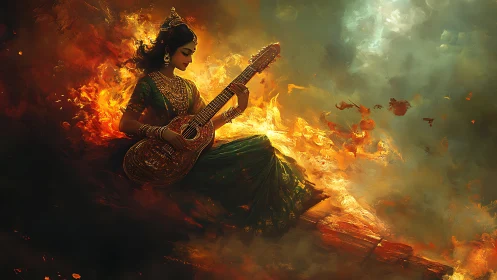 Woman with Guitar in Flames: Surrealist Compositional Study.