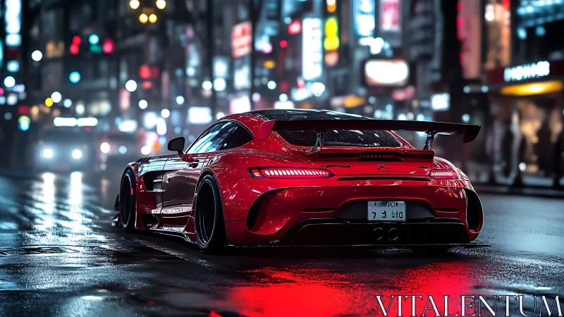 Red supercar cuts neon city rain with razor aero lines.
