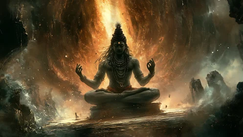 Meditating figure in fiery cavernous landscape environment.