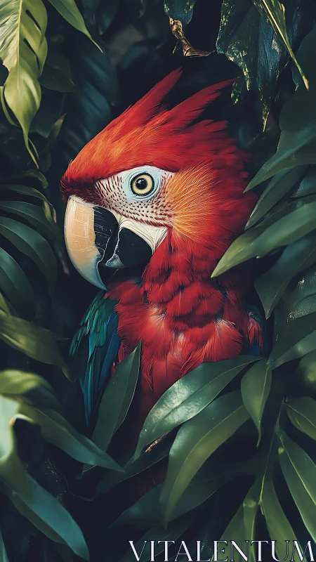 Photorealistic scarlet macaw portrait framed by jungle foliage.