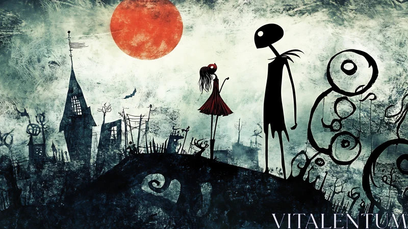 Silhouetted figures in stylized night landscape under red moon.