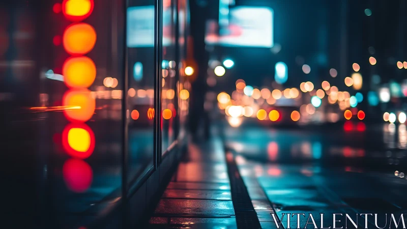 Moody city sidewalk glowing with soft neon night lights.