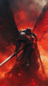 Armored winged warrior with sword in red fiery environment.