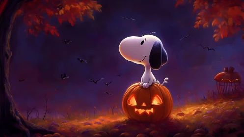 Gentle beagle enjoys a glowing jack-o’-lantern night scene