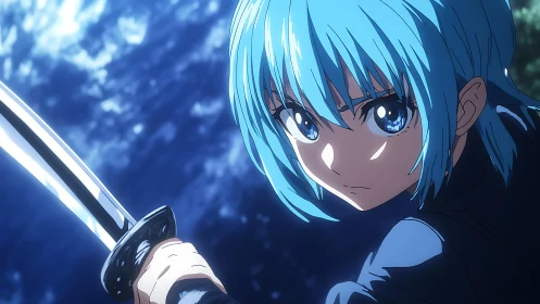 Blue haired anime swordsman holds drawn blade in moonlight