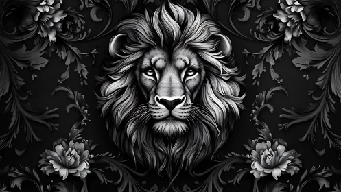 Regal lion portrait glows gently among dark floral swirls