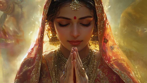 Devotional Indian bride in golden ceremonial light prays.