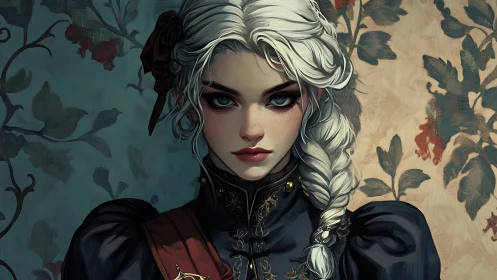 Victorian braid and fierce gaze in a split floral world.