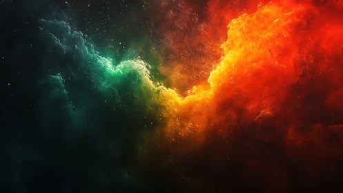 Cosmic nebula surges with fiery red and teal energy.