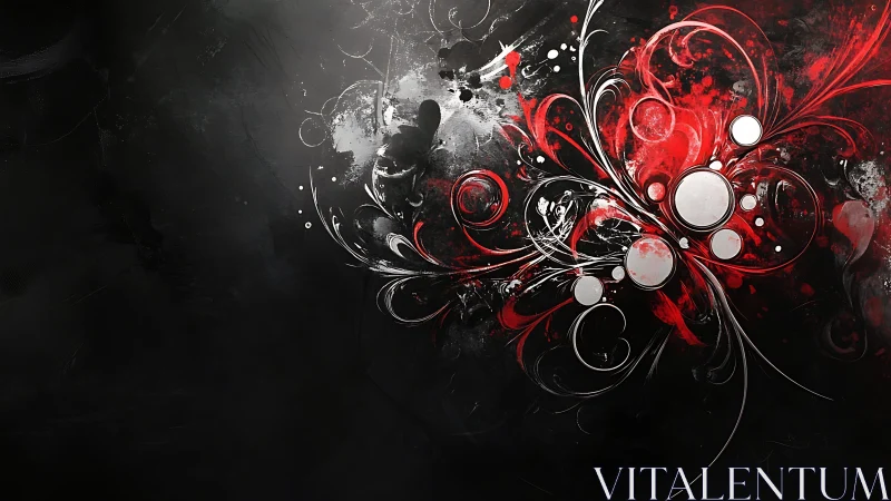 Abstract floral explosion in red, white, and black digital art.