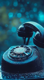 Rain‑dappled rotary telephone in teal bokeh glow.