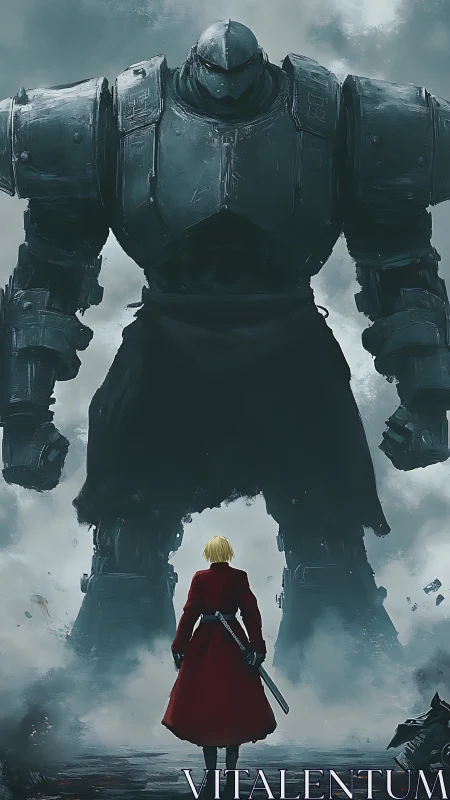 Red-coated warrior faces towering armored giant calmly.