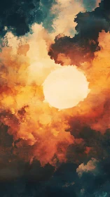 Large circular light source within dense orange cloud field.