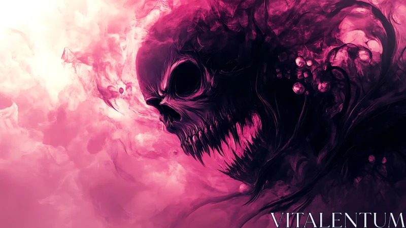 Vivid pink smoke skull emerging through chaotic darkness.