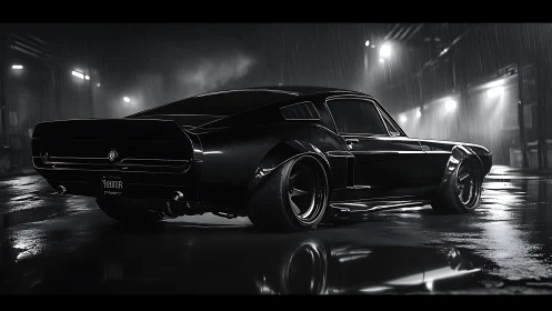 Widebody fastback muscle car under cinematic rain lighting at night