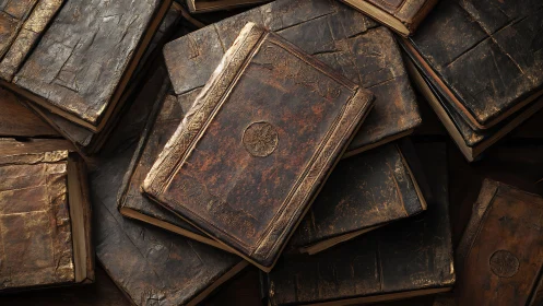 Aged leather-bound folios show heavy wear, tooling, and patina