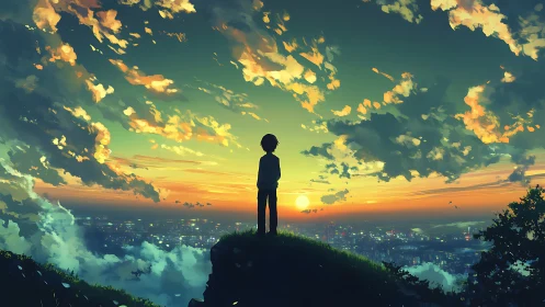 Silhouette of solitary figure observing city at sunset