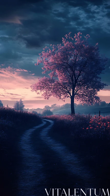 Twilight country path curves beneath luminous pink-blossomed tree