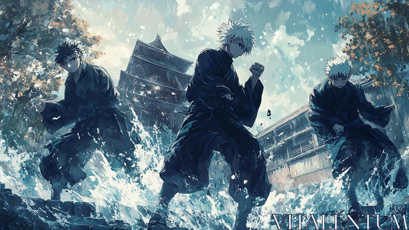 Stormlit anime swordsmen advancing through turbulent courtyard