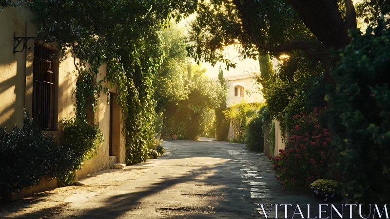 Sunlit Mediterranean lane with lush foliage and shadows.