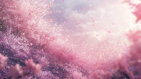 Soft sunrise drifting through pastel cherry blossoms.