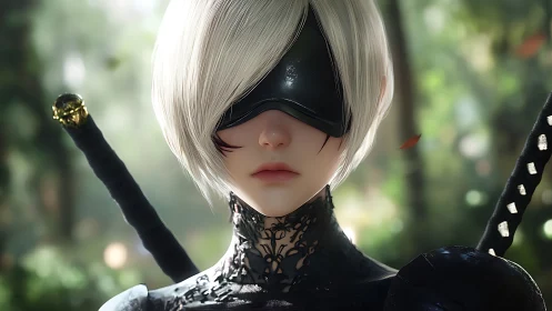 White haired blindfolded swordswoman in forest setting.