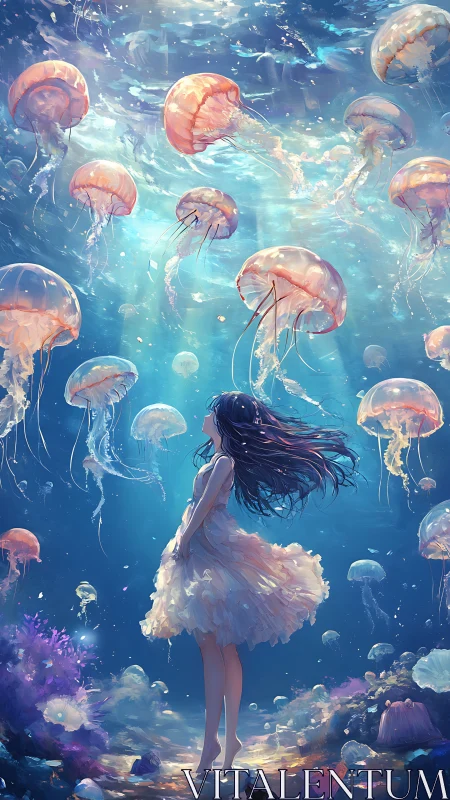Dreamlike underwater girl among glowing jellyfish bloom.