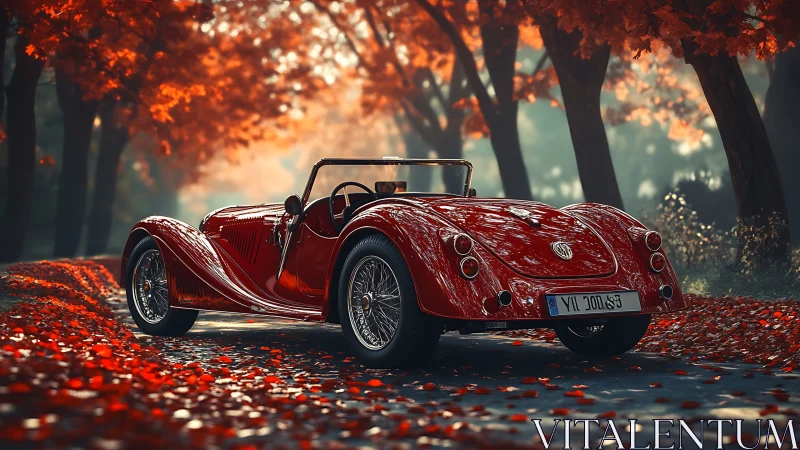 Classic red roadster glows amid sunlit autumn forest lane