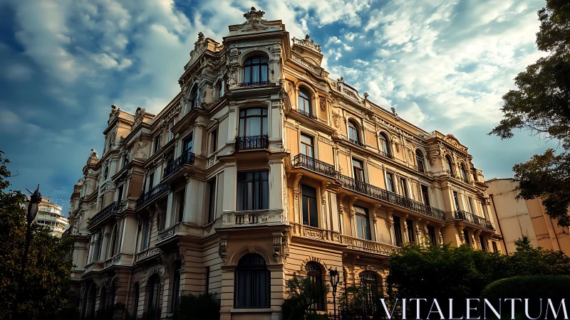 Neo-baroque corner façade under dynamic clouded sky at sunset