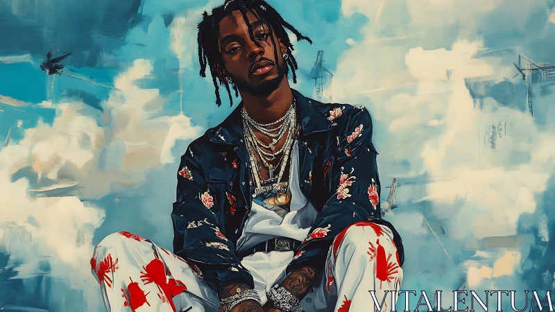 Sky-drenched street dreamer in floral-laced swagger pose.