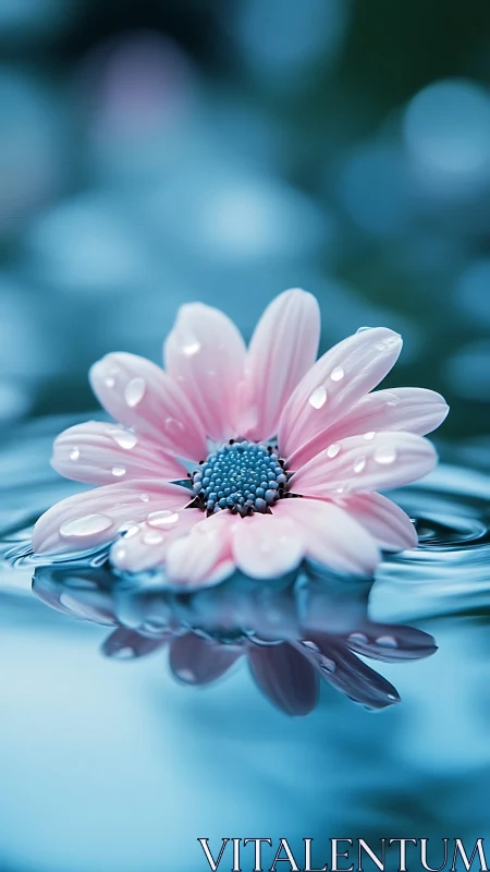 Pink daisy macro floating on blue water with soft bokeh.