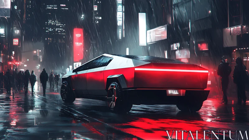Futuristic electric pickup glows through neon city rain