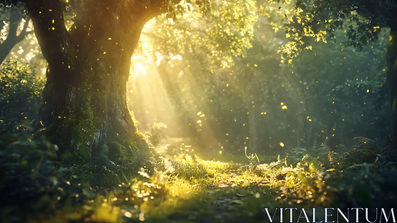 Radiant volumetric sunbeams through mossed woodland clearing.