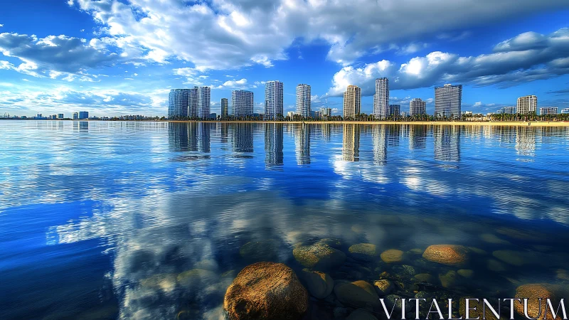 Skyline mirage over cobalt bay with cloud-twinned towers.