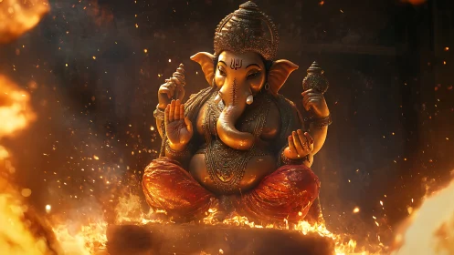 Elephant-headed deity statue sits amid controlled flames