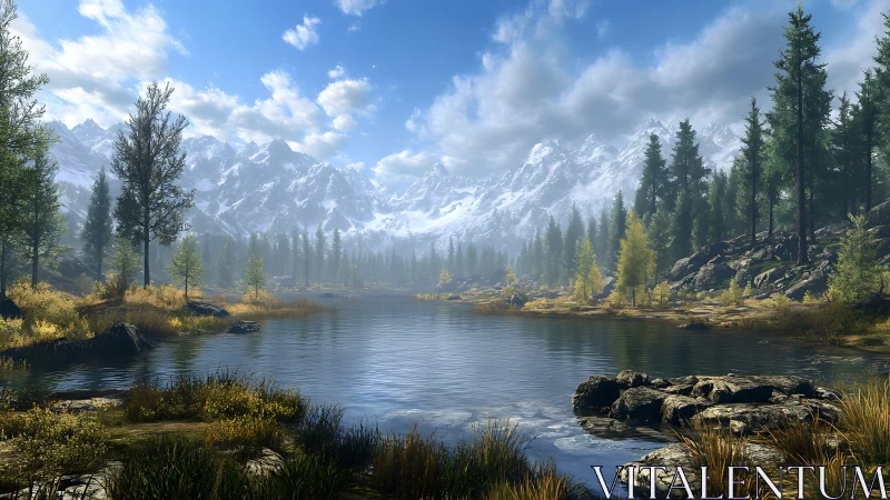 Serene alpine lake mirrors snow peaks under crisp blue skies