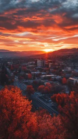 Urban valley at sunset with saturated red foliage and layered clouds