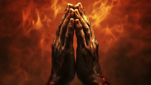 Hands pressed in prayer gesture against intense fiery flames