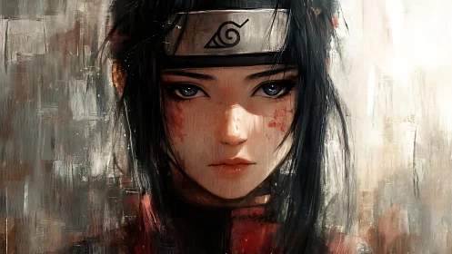 Digital painting portrait of stoic kunoichi with textured field.