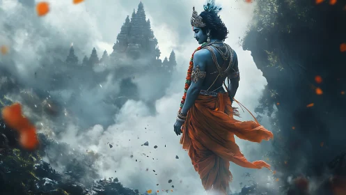 Blue-skinned figure before distant temple in misty gorge.