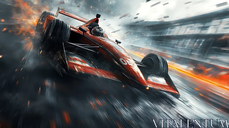 Red formula racer exploding through sparks and speedlines.