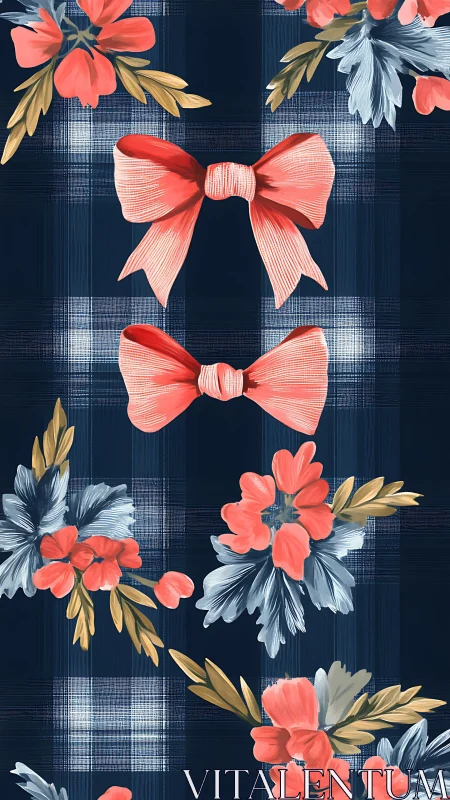 Coral Bows and Blooms on Navy Plaid.