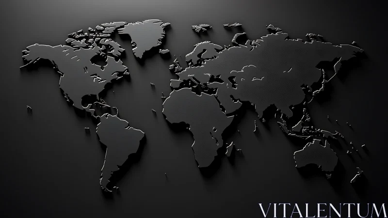 Monochrome bas‑relief world map with directional hard lighting.