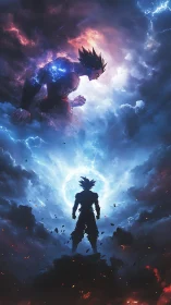 Energetic duel between silhouetted warriors framed by storm clouds