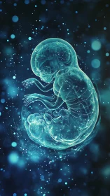 Neon fetal silhouette in translucent blue bioluminescent field.
