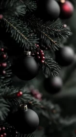 Matte black baubles hang on dark evergreen branches