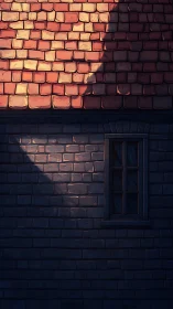 Tiled roof and brick wall with window in evening light.