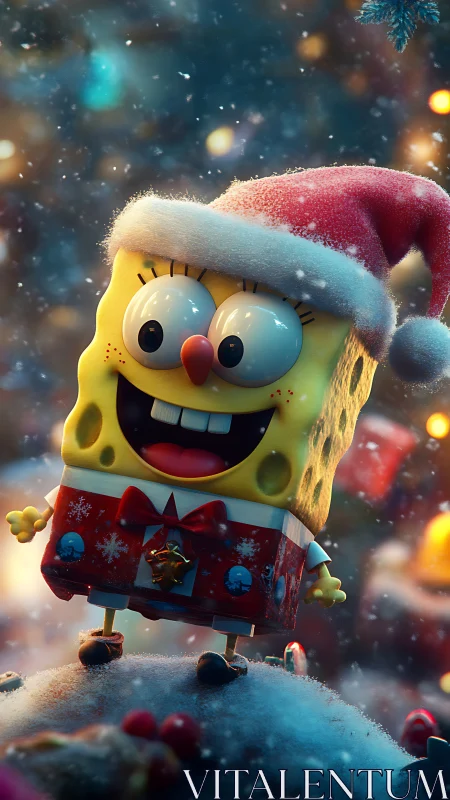 Cartoon sponge character wears Santa hat in snowy scene