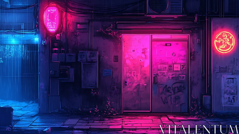 Neon lit alley doorway in rainy cyberpunk city at night.
