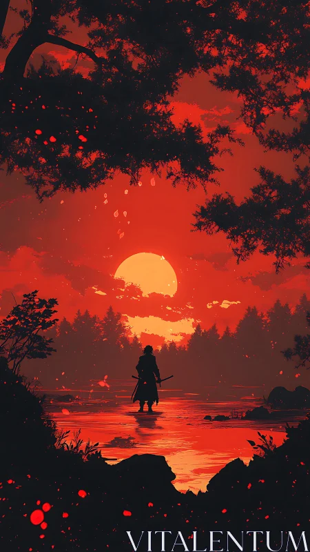 Lone samurai silhouette at blood red river sunset scene.